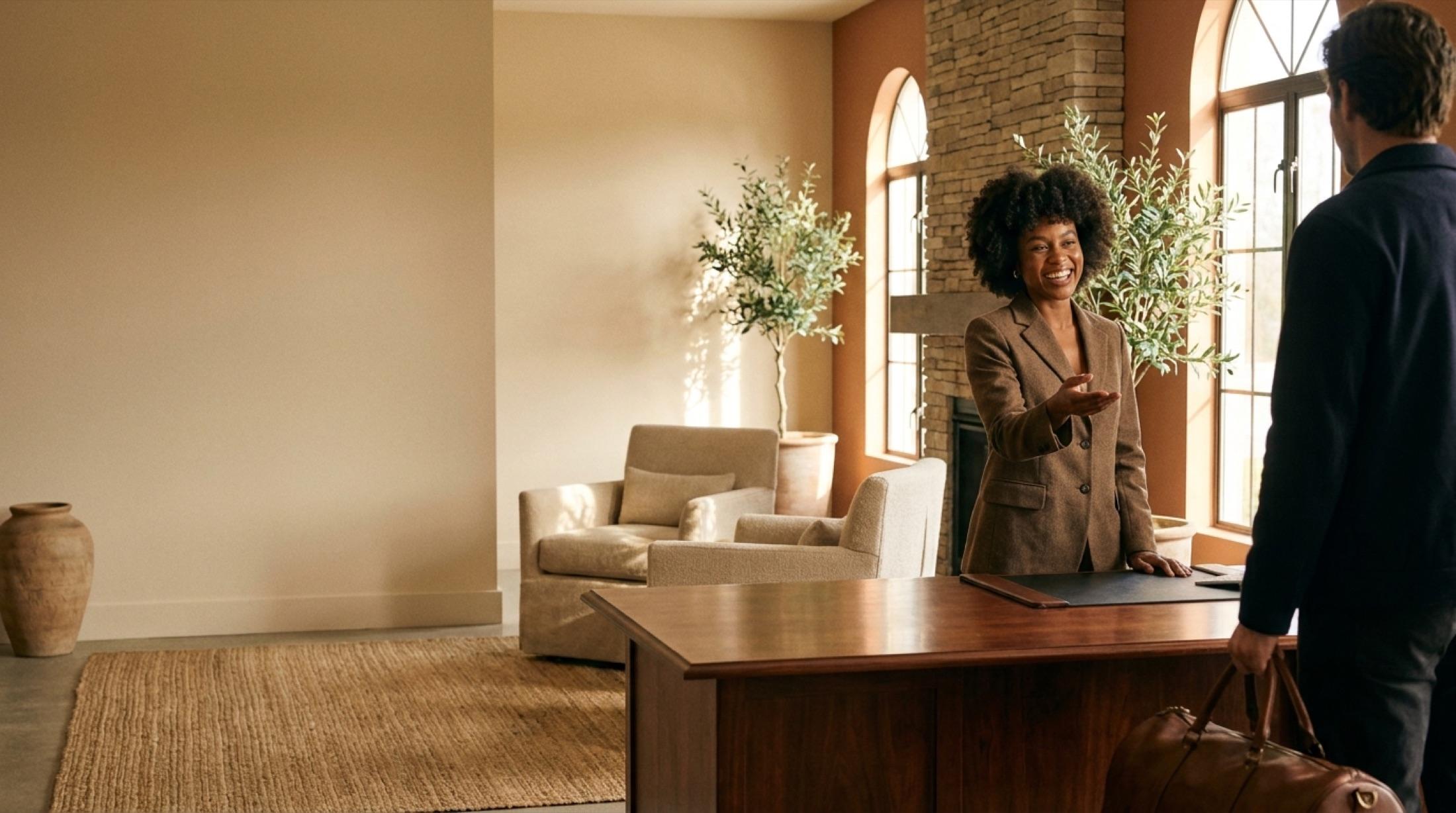 A front-desk associate welcoming an arriving guest in a warm boutique hotel lobby