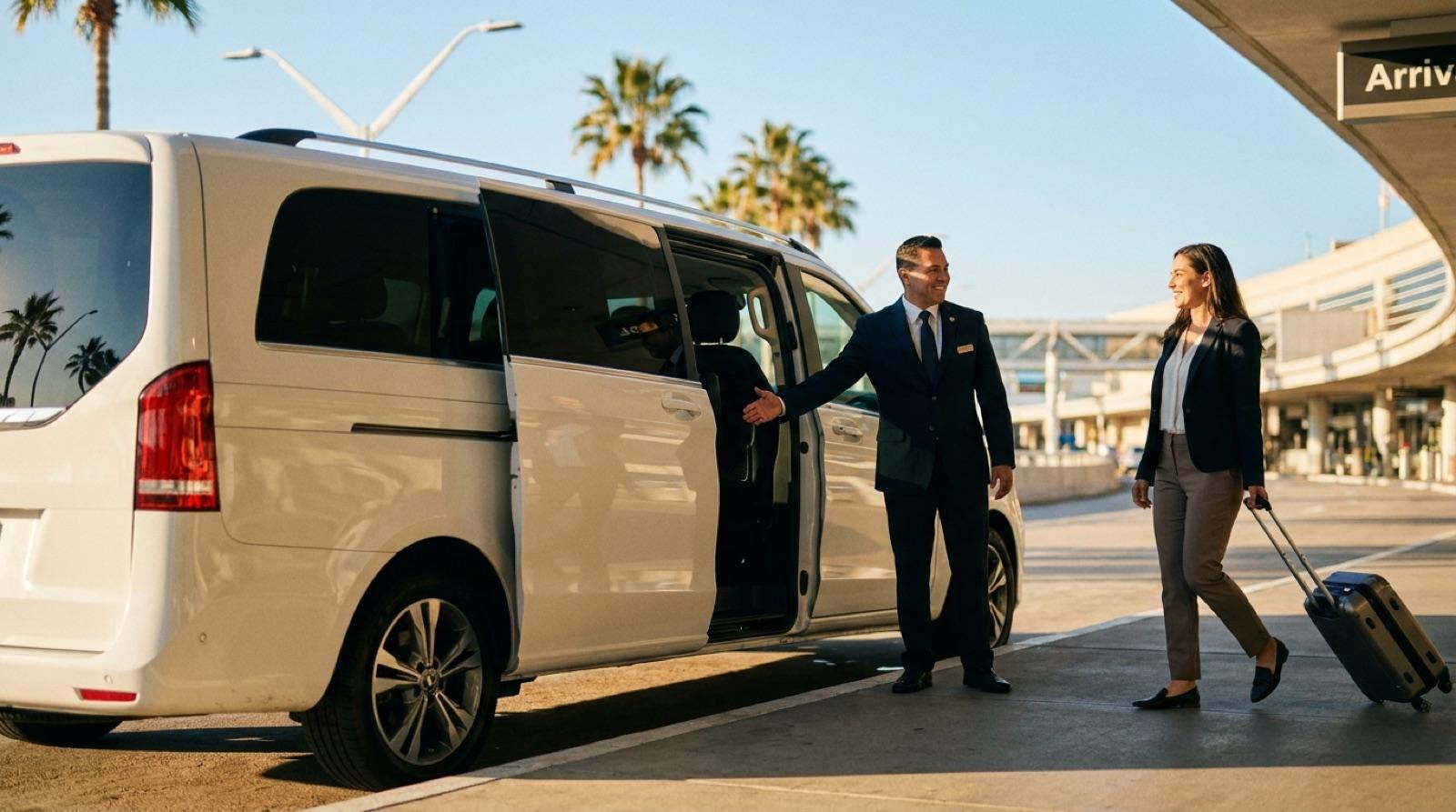 A hotel shuttle driver welcoming an arriving guest at the airport
