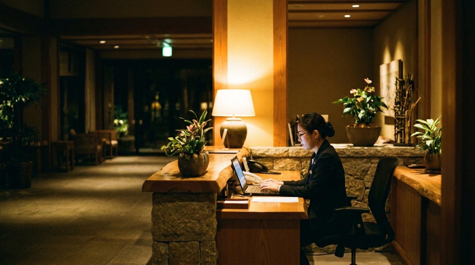A hotel front desk, staffed and secure in the evening